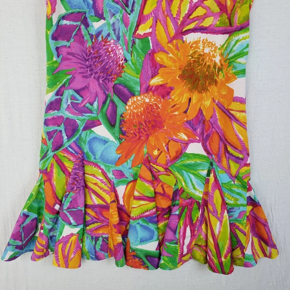 Ralph Lauren Godet Pleated Dress Colorful Floral Print Art-to-Wear size 8 Y2K